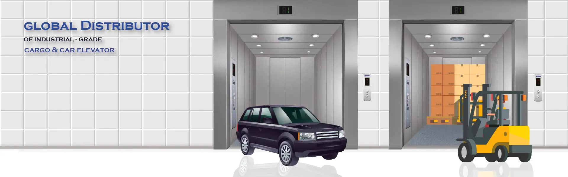 a car is coming out from the car elevator and a forklift is to load goods in a freight lift.