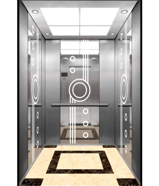 Modern passenger elevator with a transparent glass door and elegant marble flooring.