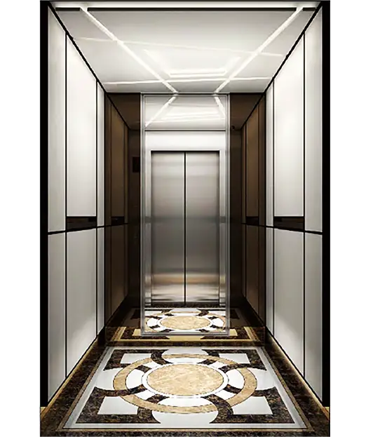 A passenger lift with a sleek marble floor and intricate marble pattern, creating a sophisticated atmosphere.