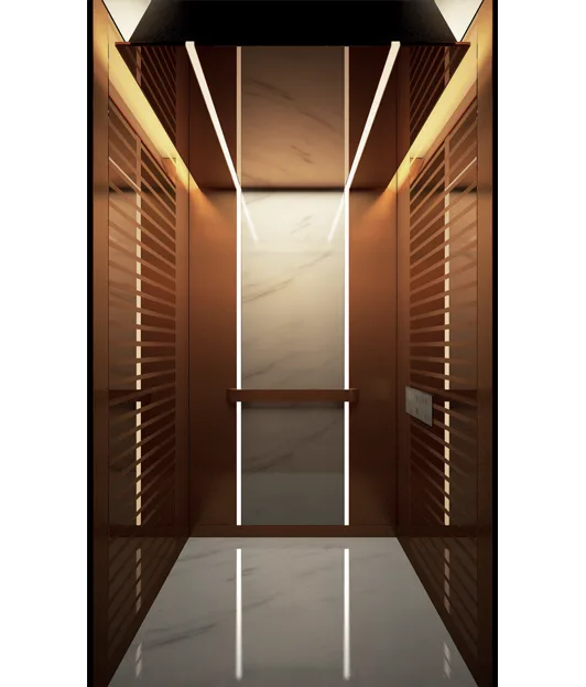 Elegant villa lift with a polished marble floor and ambient lighting, showcasing modern design and functionality.
