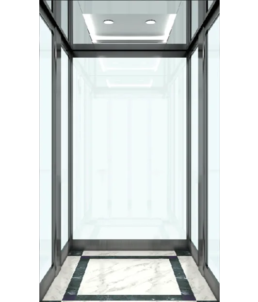 a Mirror stainless steel, laminated glass home lift cabin design