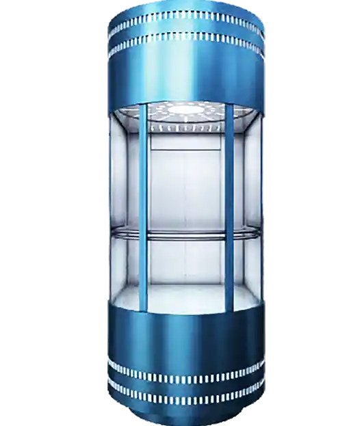 Blue glass display case with a metal frame, part of a glass lift designed for panoramic views in an observation capsule.