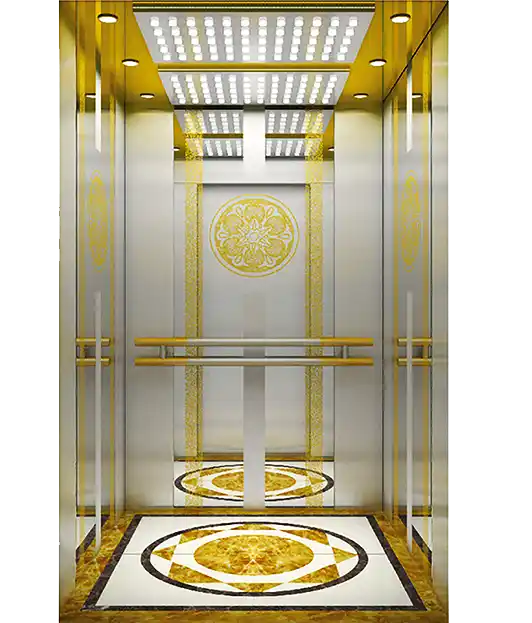 A luxurious passenger lift showcasing yellow gold and white marble flooring and ornate gold and white decorative elements.
