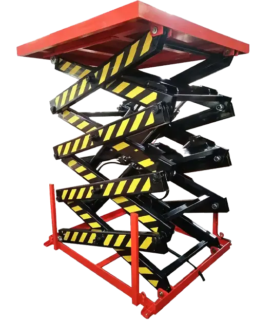 High lift electric hydraulic scissor lift with a striking red frame for cargo elevation.
