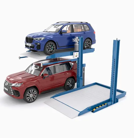 Heavy-duty two-post hydraulic car lift with two SUVs elevated for maintenance or storage.