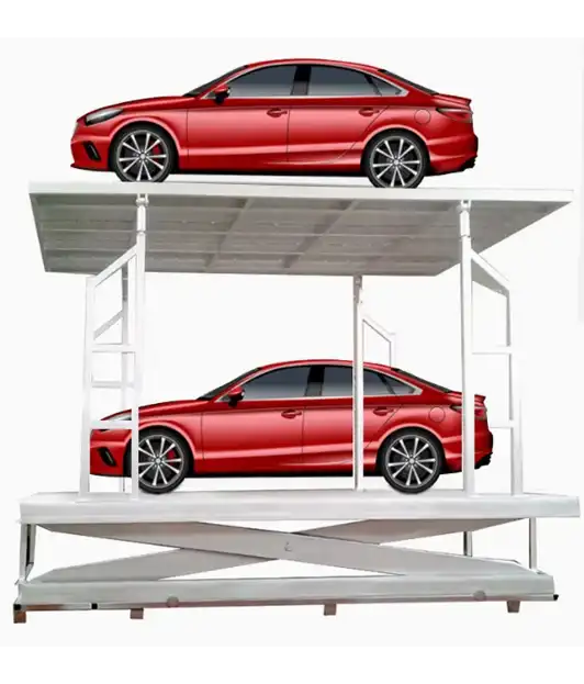 A hydraulic underground scissor lift displays two red cars on a platform