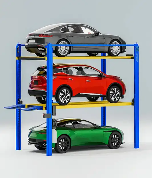 three cars on a hydraulic lift, showcasing a three-level vertical parking system.