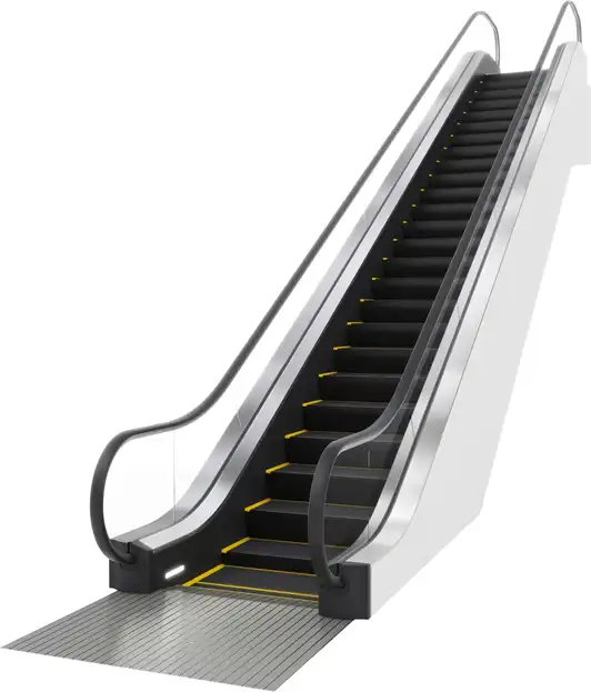 An escalator with a prominent yellow stripe running along its side.