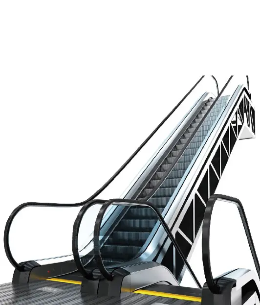 An escalator with a prominent yellow safety line along its edge.