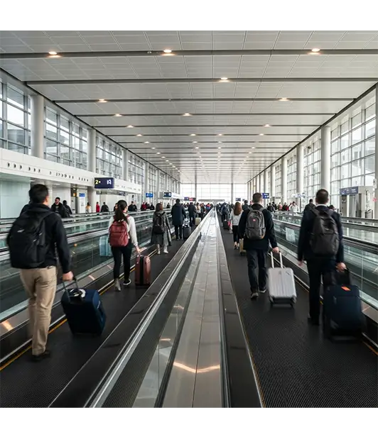 people are walking on  a moving walk way