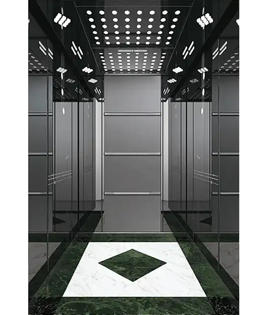 A black and white photo of a passenger elevator with polished marble flooring.
