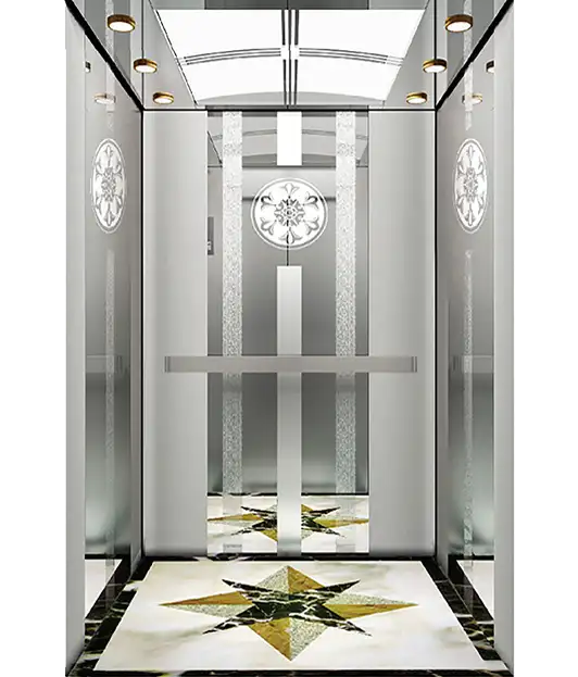 A passenger elevator featuring a star-patterned floor design.