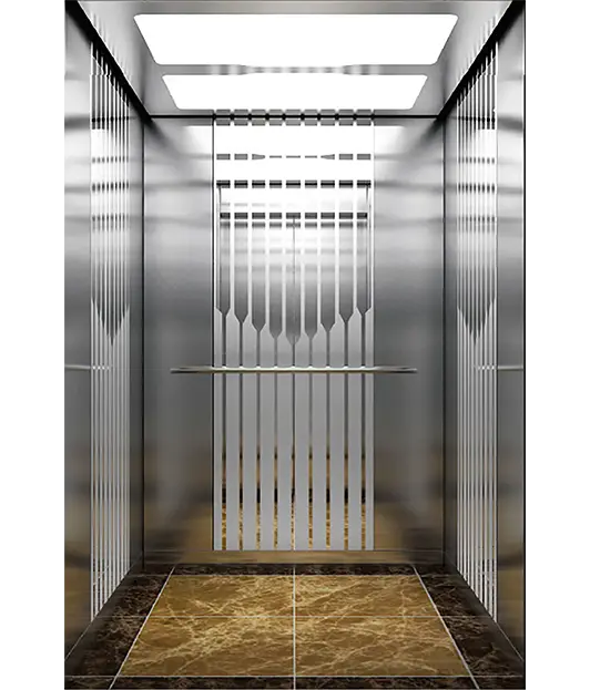 A passenger elevator showcasing a metal door and a luxurious marble floor.