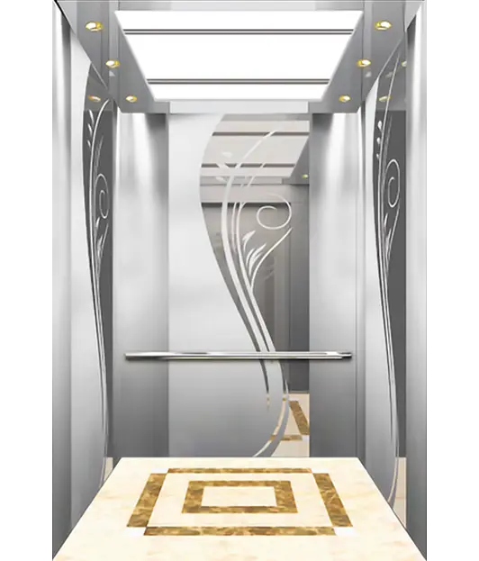 A passenger elevator featuring a polished marble floor and elegant decorative design.