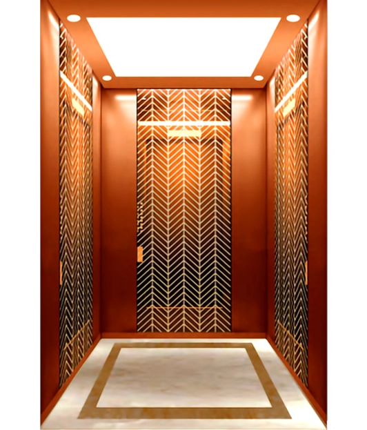 A Rose gold stainless steel framed elevator.