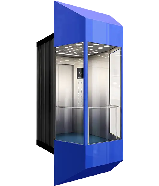a blue color panoramic elevator cabin