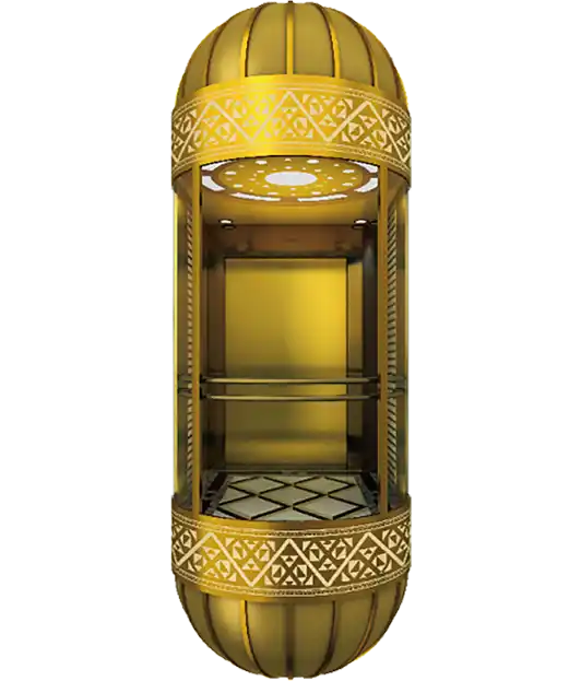 an elegant golden color panoramic elevator cabin