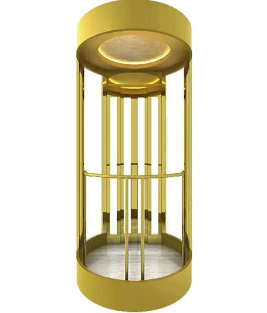 A gold circular glass elevator revolving smoothly, offering panoramic views for sightseeing and observation.
