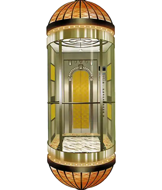 A large panoramic elevator with a bright yellow door, designed for sightseeing and offering stunning views.