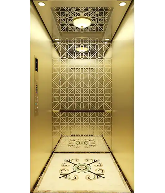 Elegant gold elevator with ornate wall patterns, suitable for residential or villa use.