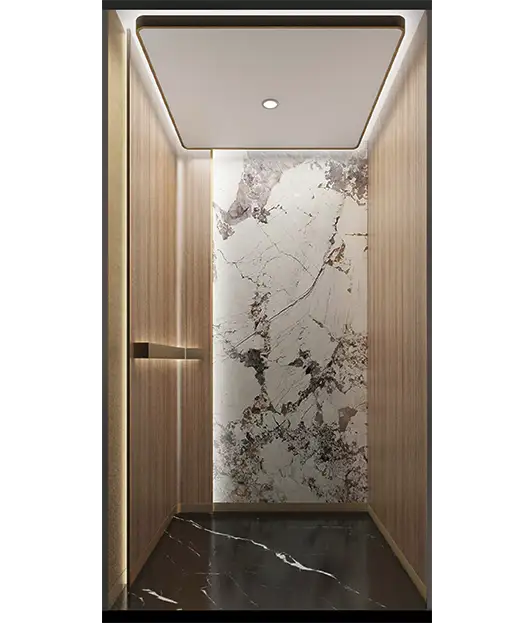 A luxurious home lift featuring a marble wall and elegant wooden paneling in a villa setting.