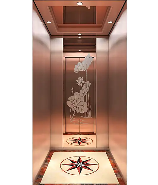 A decorative home lift in a villa, featuring stylish wall designs that enhance the elevator's aesthetic appeal.
