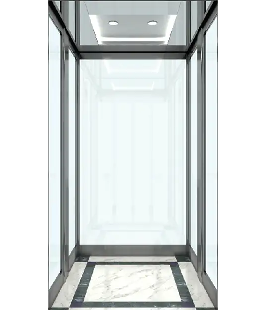 Interior view of an empty elevator with a sleek marble floor and glass walls, designed for a villa.