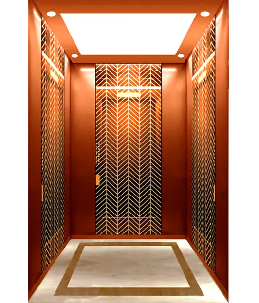A passenger elevator featuring a patterned floor and elegant gold accents.
