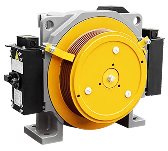 A yellow color elevator traction motor