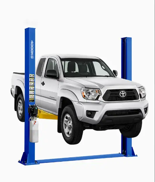 One car is lifted in a 2 post car lift