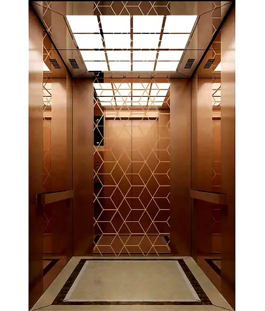 A stylish passenger elevator with decorative gold-patterned walls, providing a sophisticated look.