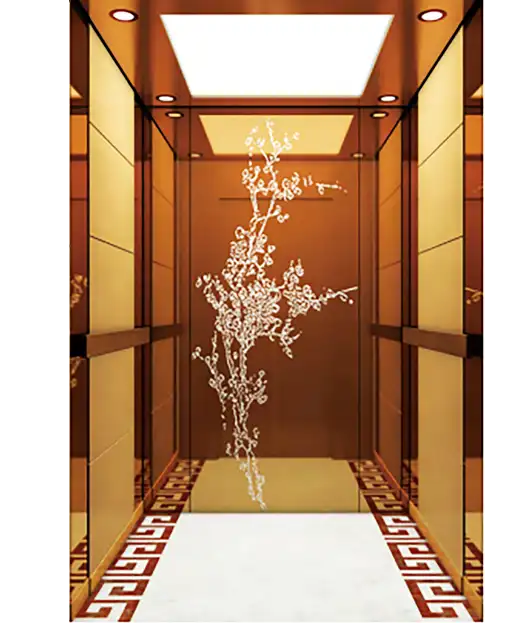 A passenger lift with a floral design adorning the wall, creating a welcoming atmosphere.