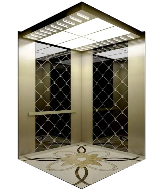 A Gold & Black Titanium Mirror Framed Passenger Elevator.