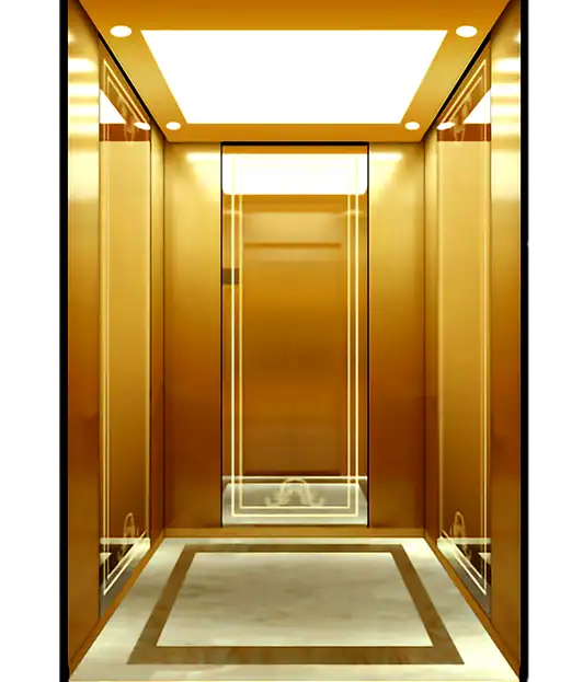 An elevator with luxurious gold accents and a clean white floor, designed for passenger use.