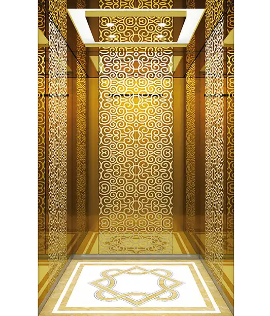 Elegant passenger lift featuring a gold and white design, showcasing a modern and luxurious aesthetic.